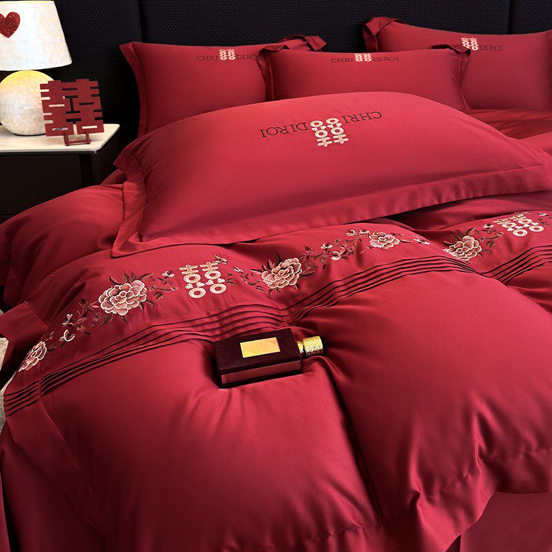 中式喜字结婚四件套大红色新婚陪嫁被套纯棉婚庆床上用品婚房喜被