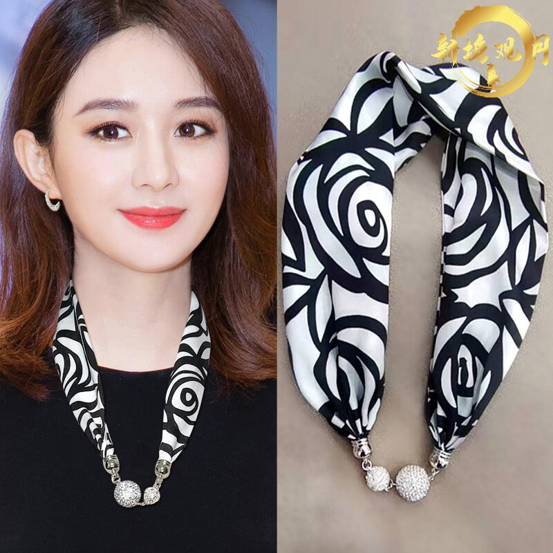磁扣丝巾女春秋冬季薄款橙色黄色锁骨磁I吸扣小长条护颈带细窄项