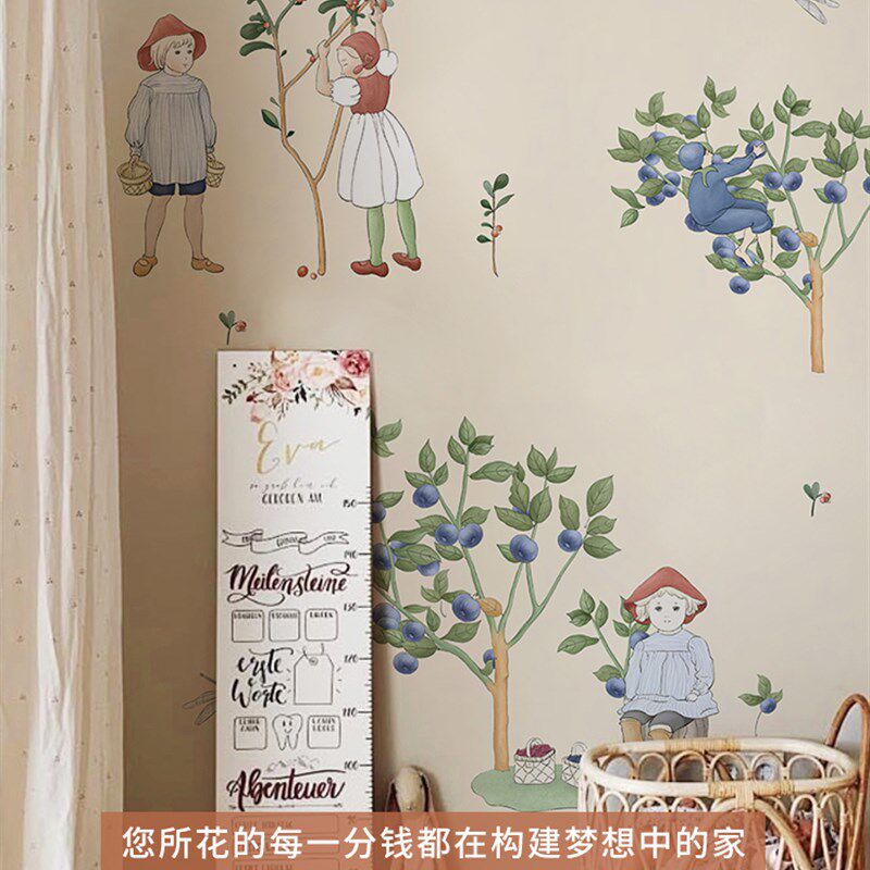 手绘插画b温馨儿童房墙纸男孩女孩卧室壁纸无纺布墙布定制壁布书