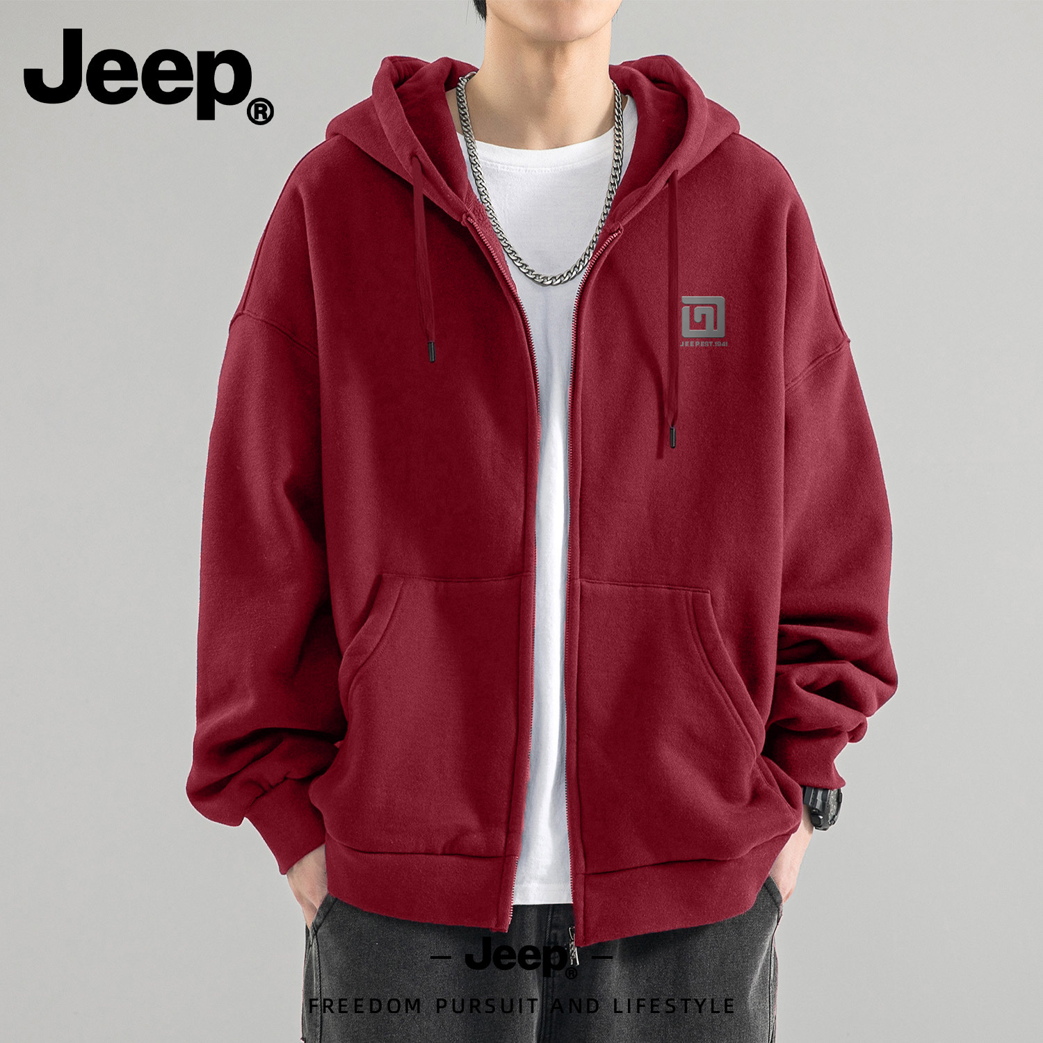 Jeep吉普红色拉链连帽卫衣男款