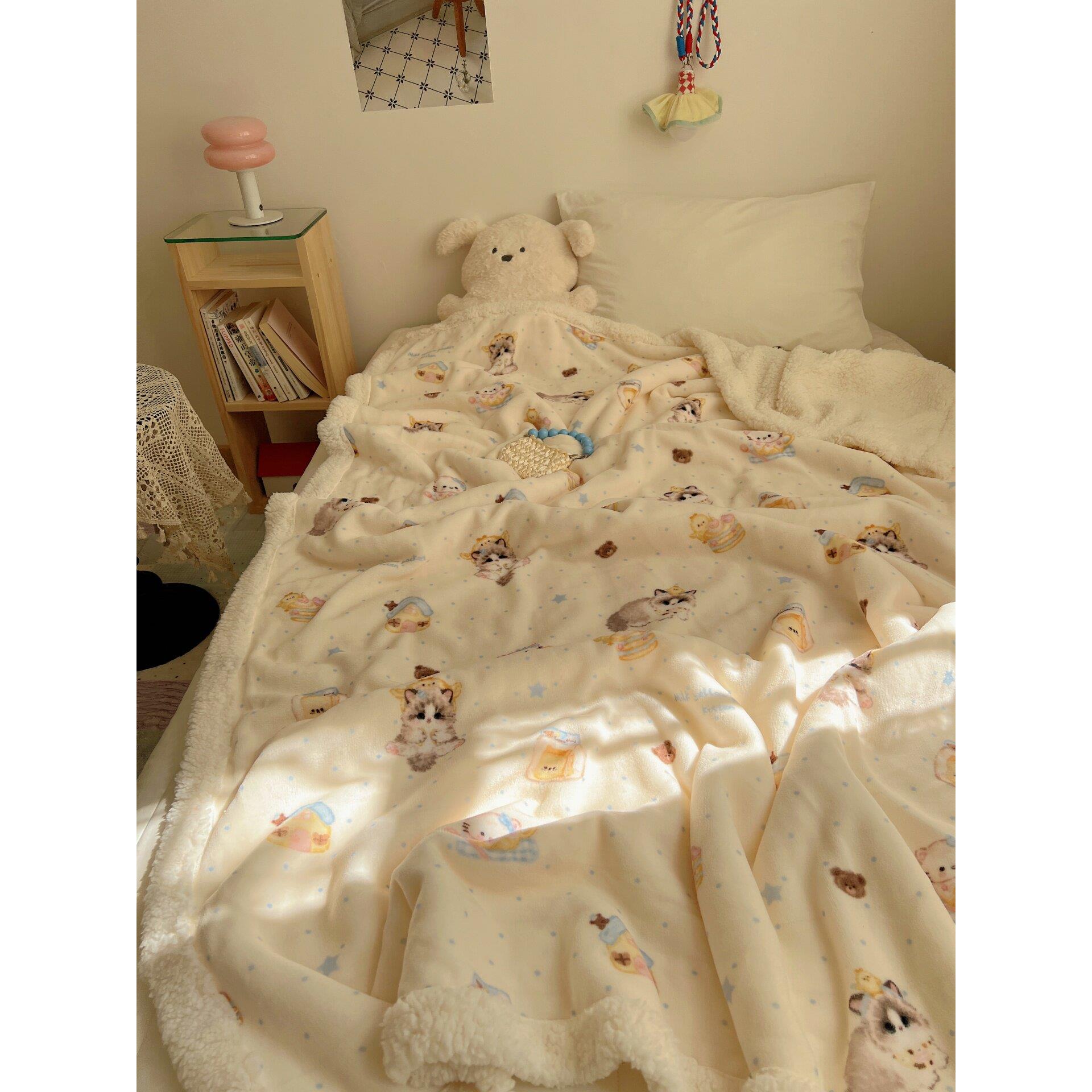 卡通可爱猫咪羊羔厚休绒闲毯子牛WAZ奶绒睡毛毯珊瑚绒盖加毯少女