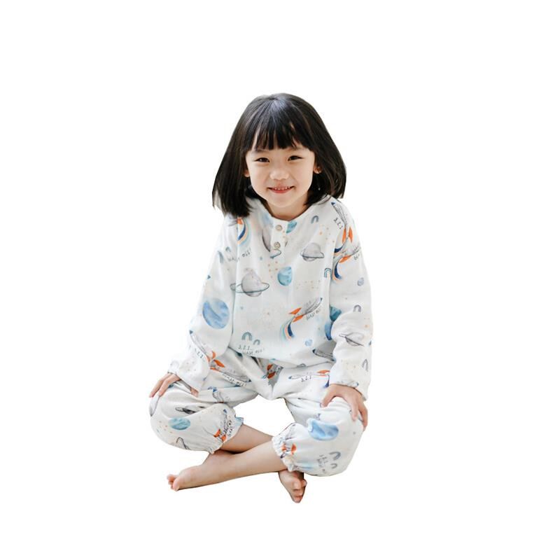 夏竹棉纱布婴幼儿透气空调衫男宝防蚊长裤儿童家居服套装二件套