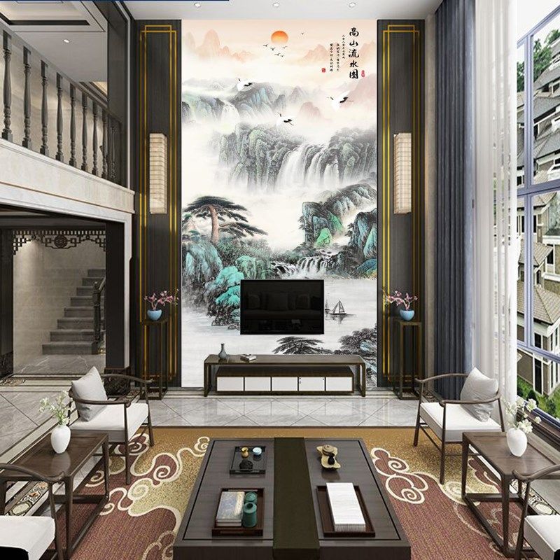 新中式玄关壁画走廊过道竖版壁纸复式楼跃层挑高客厅背景墙纸壁布