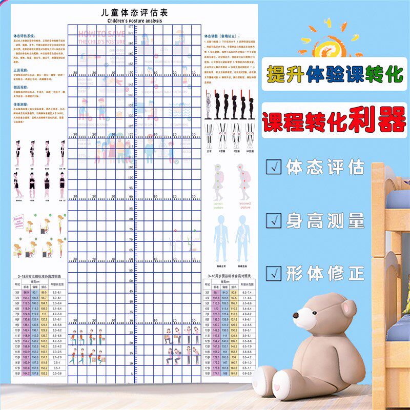 儿童身高体态评估表站姿体测网格壁画背景墙纸中小幼儿形体评语苏