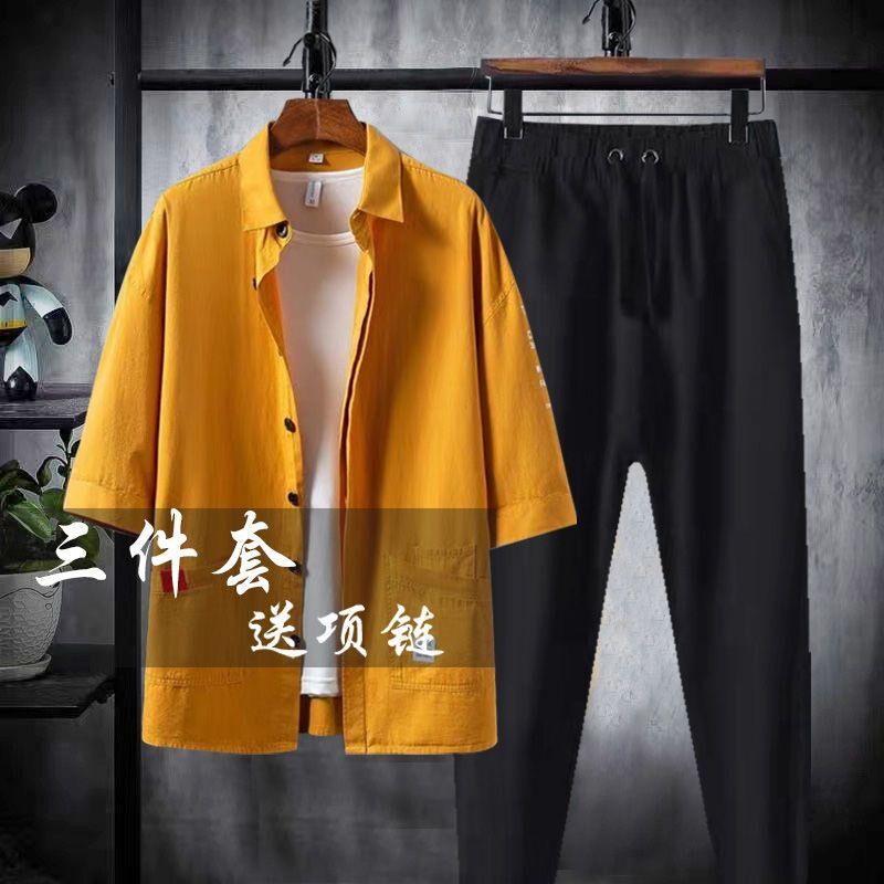 三件套】春夏季港风潮男套装一套薄款帅气潮流搭配七分袖衬衫