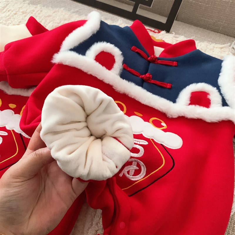 婴儿连体衣秋冬装男女宝宝拜年服冬季喜庆新生儿加绒爬服中国风