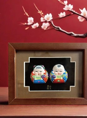 无锡惠山泥人小相框《抱狮阿福》泥塑摆件手工品家居书房装饰送礼