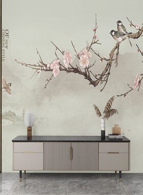 月上映画新中式花鸟风景画墙布定制客厅电视背景墙壁纸壁布满8平