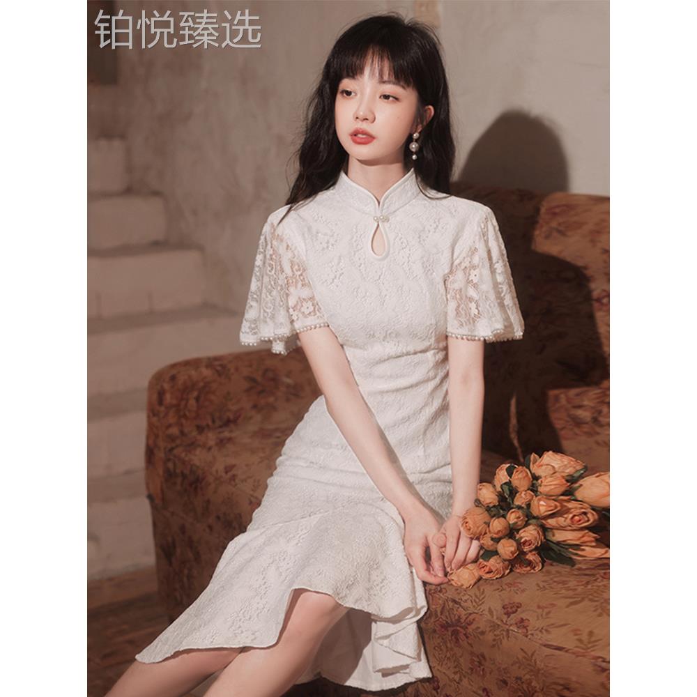 2025新款鱼版尾旗袍蕾丝服可裙新款伴娘年轻款礼少女感白色改良平
