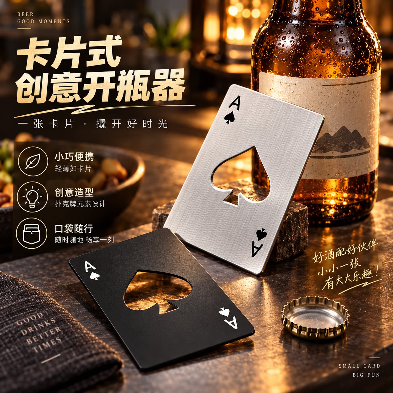 创意黑桃A扑克牌开瓶器金属不锈钢啤酒启瓶器瓶起子个性家用便携