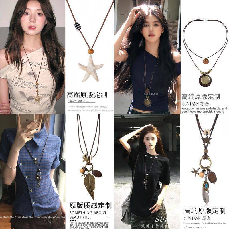 甜酷复古做旧蝴蝶结金属项链民族风波西米亚简约百搭长款圆环吊坠