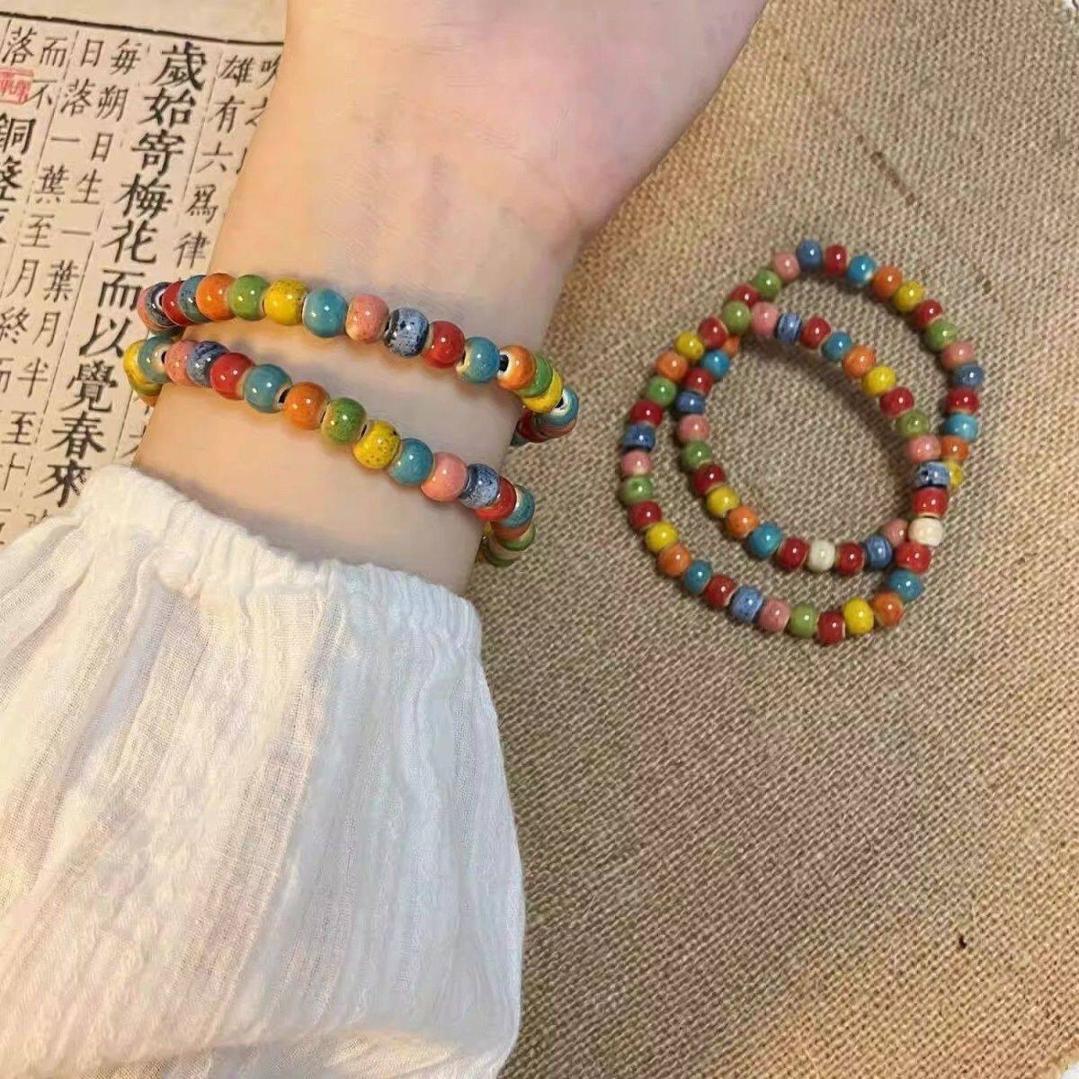 多巴胺彩色陶瓷手串手链串珠首饰女小众设计弹力民族风闺蜜手饰