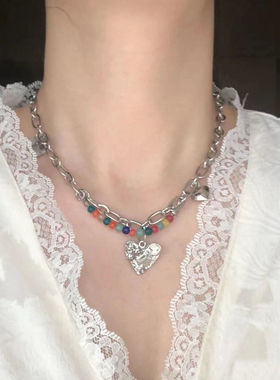 超爱!ins博主偏爱彩珠爱心项链女高级设计感小众锁骨链甜酷配饰
