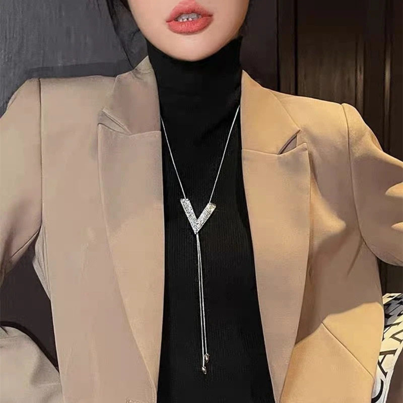 百搭银色大V可调锁骨毛衣链女