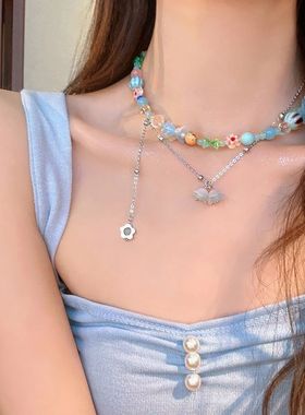 夏日彩色花朵项链串珠多巴胺碎石2025锁骨链女ins高级新款y2k项链