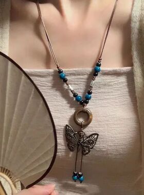 新中式古风蝴蝶陶瓷编织绳项链中国风毛衣链气质小众民族风配饰品