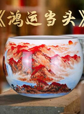 景德镇大号聚宝盆《鸿运当头》手绘聚宝盆办公室家居摆饰送五帝钱