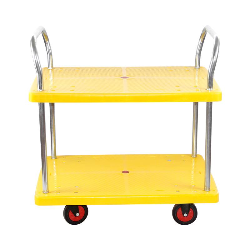 黄色双层手推车电商拣货物流小推车四轮多层围栏车摆摊工具平板车