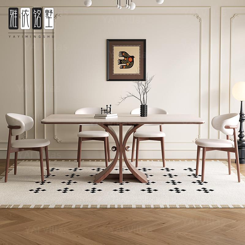 德利丰洞石岩板餐桌法式复古实木桌现代简约家用小户型长方形饭桌