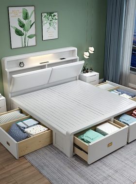 全实木高箱床1.8米现代简约1.5/2*2.2m收纳气压储物1.35抽屉白色