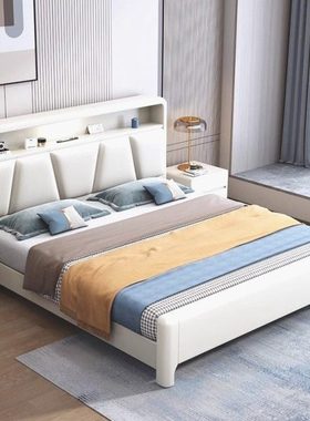 新款北欧现代实木床简约双人奶油1.2北欧白色婚床双人床储物1.8