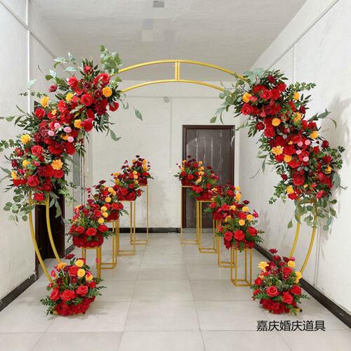 新款婚庆双杆拱门铁艺架子农村整场婚礼花艺半圆形新店开业装饰道