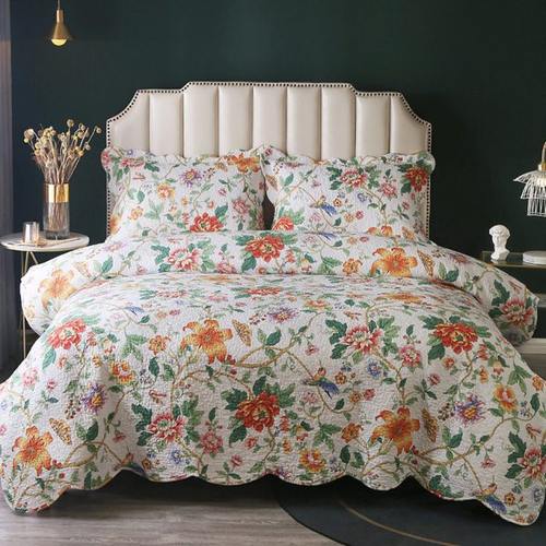 千义汇简约时尚床上三件套绗缝被春夏棉质水洗印花床盖夏凉被