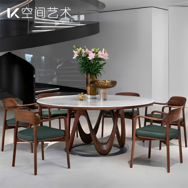 北美黑胡桃木大理石岩板餐桌圆形饭桌椅别墅家Q用意式极简摩登东