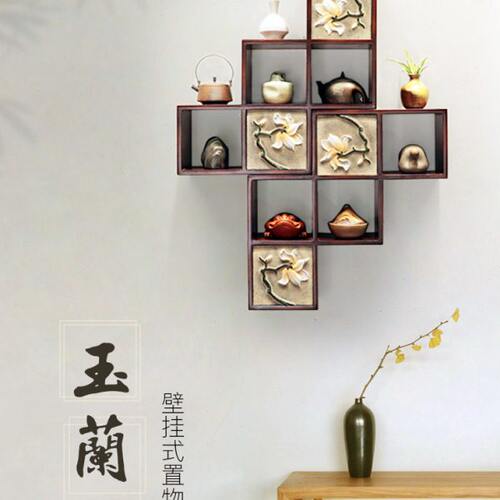 现代中式实木格子架茶室玄关创意墙上置物架壁挂博古架储物小格子