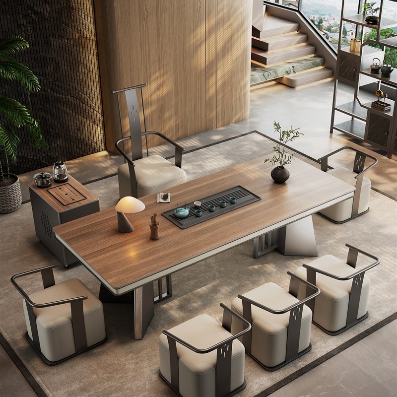 新中式岩板茶桌椅组合轻奢高级感B办公室泡茶台烧水壶一体木纹茶
