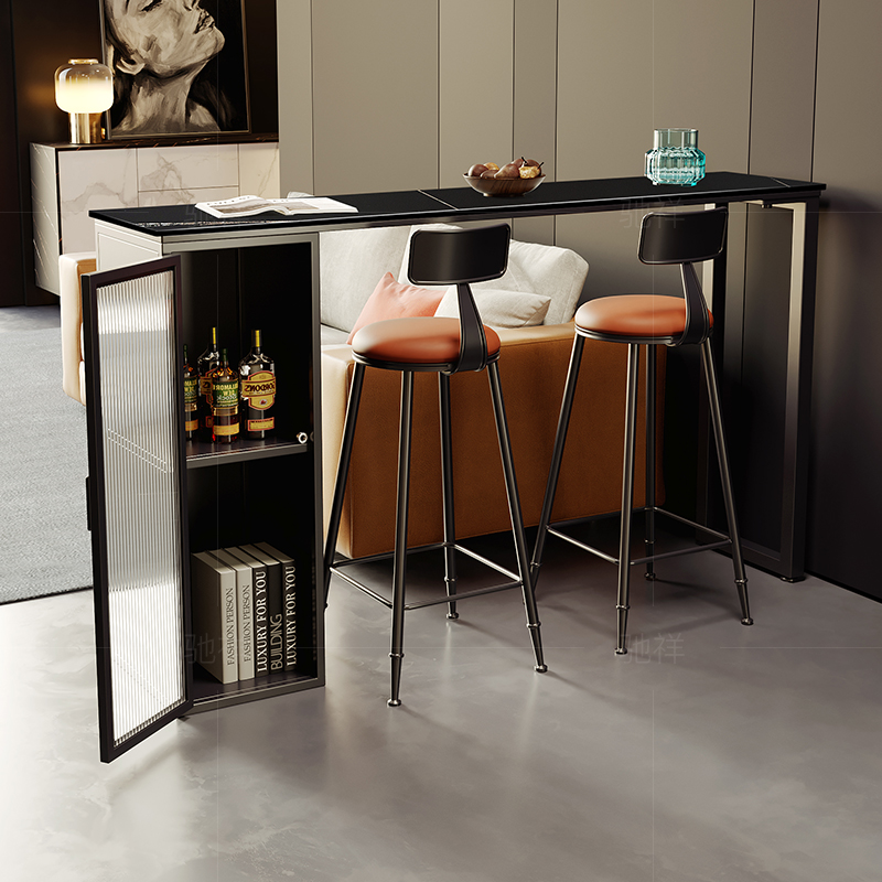 意式岩板家用吧台桌靠墙隔断储物酒柜长条桌N轻奢铁艺高脚桌椅组