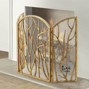 欧式家用镂空铁艺复古树枝壁炉隔断屏风防烫三折火炉围栏民宿装饰