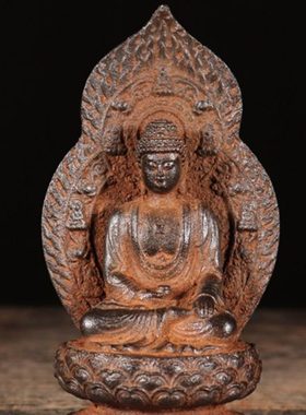 仿古铁器莲花背靠佛祖坐像复古工艺玄关客厅中式会所禅意装饰摆件