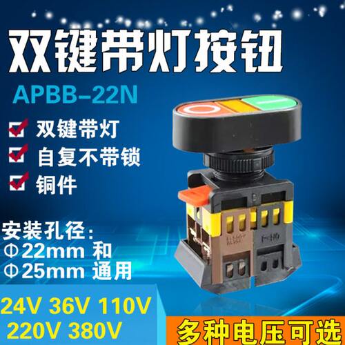 APBB-22N-25N 双键带灯 按钮开关 双位 带灯自复开关 铜件