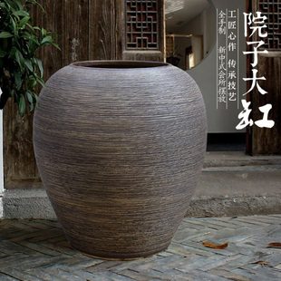 手工新款条纹民宿复古粗陶罐落地大号花瓶室内外会所餐厅摆件花器