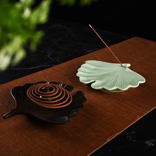 陶瓷卧香炉银杏叶香插香座家用檀香托盘线香炉室内点香器净化空气