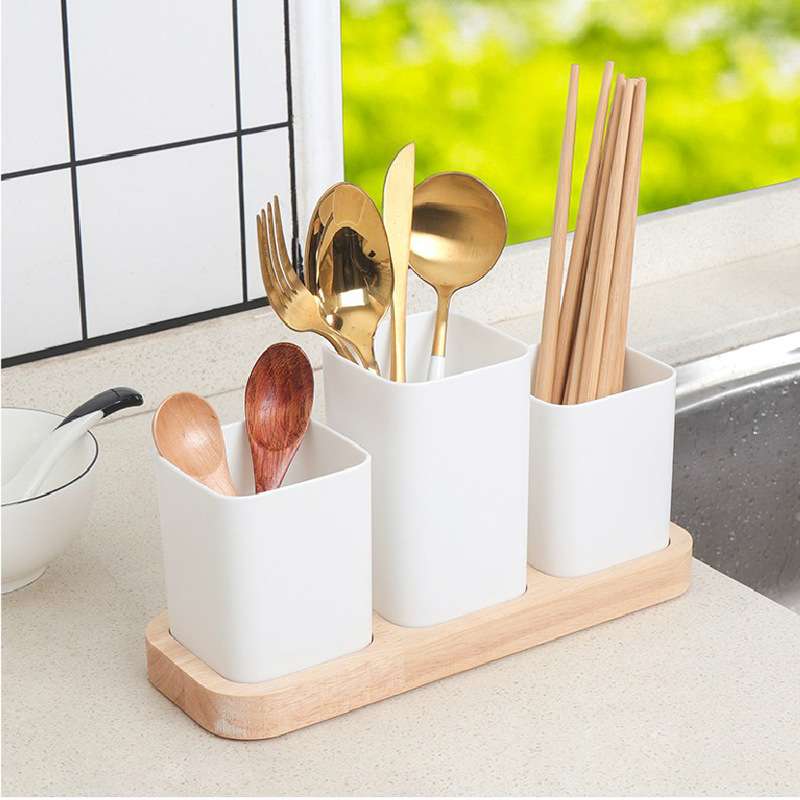 家用橡木底座餐具收纳盒套装厨房沥水式分格筷子勺子盒拆分收纳格