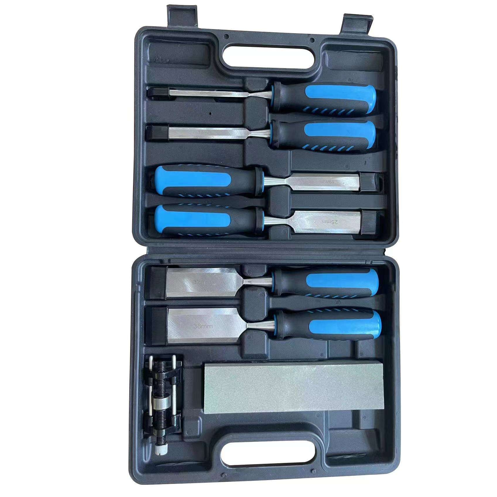 耐敲击铬钒钢塑料手柄扁平凿木工防滑穿心凿子工具八件组套装