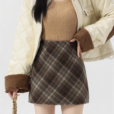 复古高腰格子半身裙2025年秋冬新款学院风格纹包臀a字裙毛呢短裙