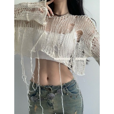 春秋季百搭韩版美式大漏洞镂空透视宽松辣妹慵懒破败针织罩衫