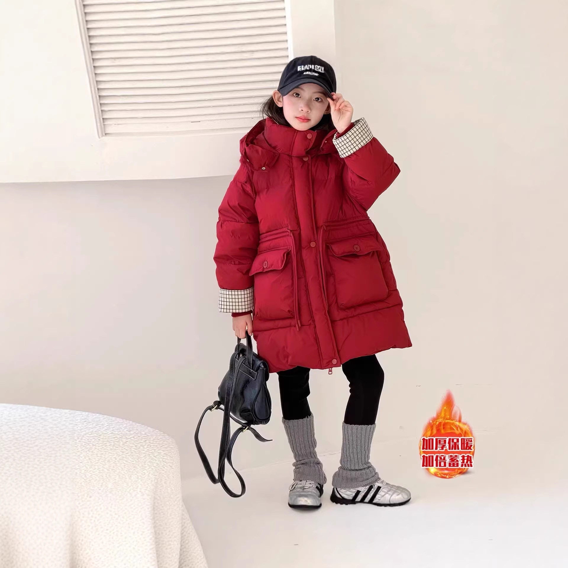 女童棉服2025新款中长款加厚羽绒棉袄中大童冬季洋气连帽收腰棉衣