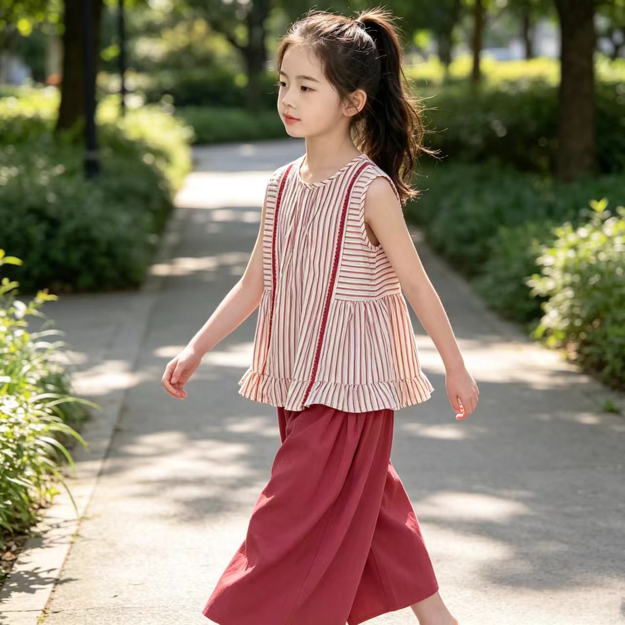 夏季中大女童无袖背心套装童装