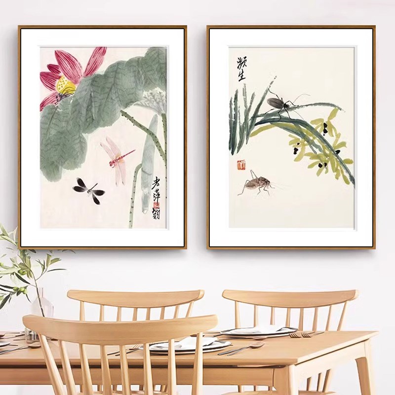 齐白石餐厅背景墙面挂画新中式客厅装饰画荷花现代玄关三联画壁画图片