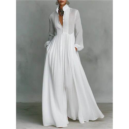 法式气质收腰显瘦长袖压褶长款度假连衣裙女 Slimming long skirt
