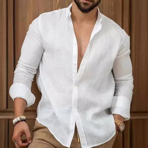 2023 Cotton Linen Solid Men's Shirt Youth Leisure男士衬