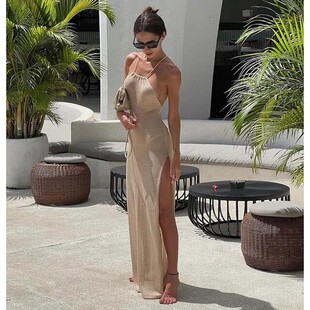 Beach Sexy See Through Maxi Kintte开叉吊带针织连衣裙沙滩度假