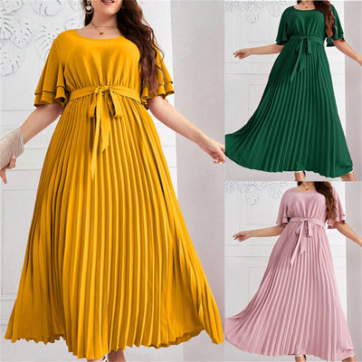Plus size women print ladies dress 大码女装长袖百褶连衣裙4XL