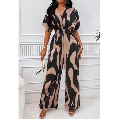 Short sleeved printed women's jumpsuit新款短袖印花收腰连体裤