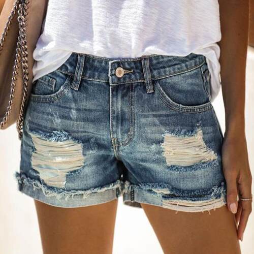 High Waist Ripped Washed Denim Shorts高腰破洞水洗 牛仔短裤女