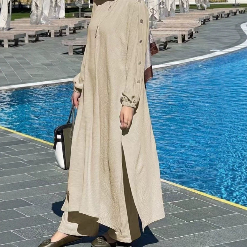 新款时尚纯色休闲纽扣宽松连衣裙长裤俩件套 Robe and pants set